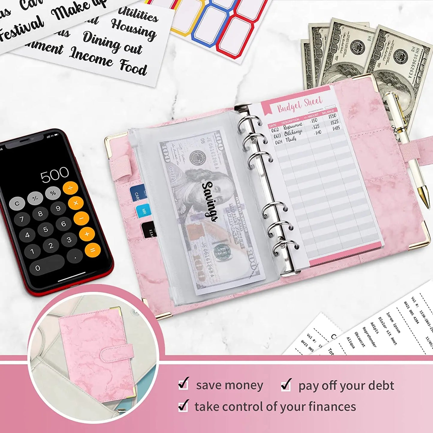 Marble Budget Binder With Card Holders & Stickers