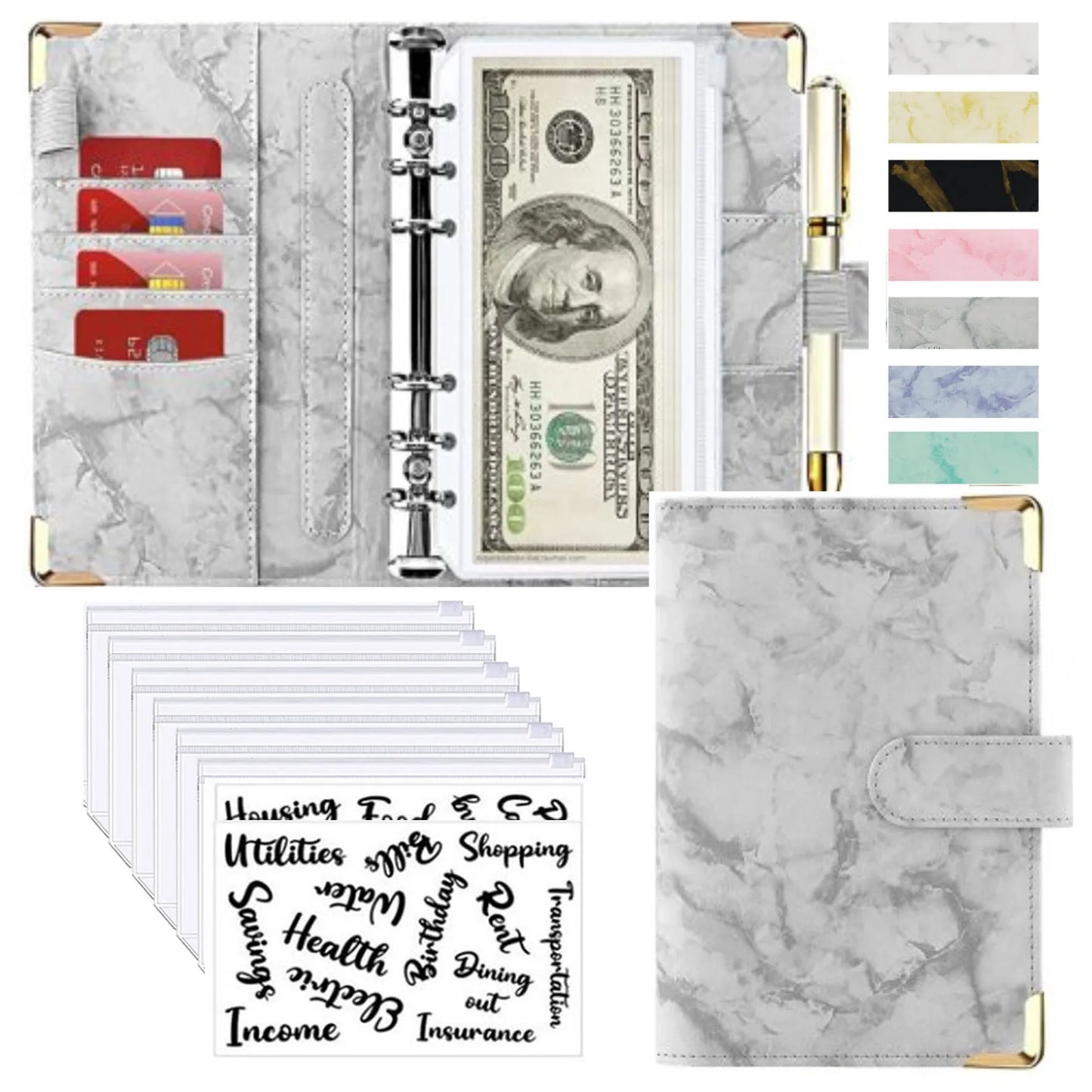 Marble Budget Binder With Card Holders & Stickers
